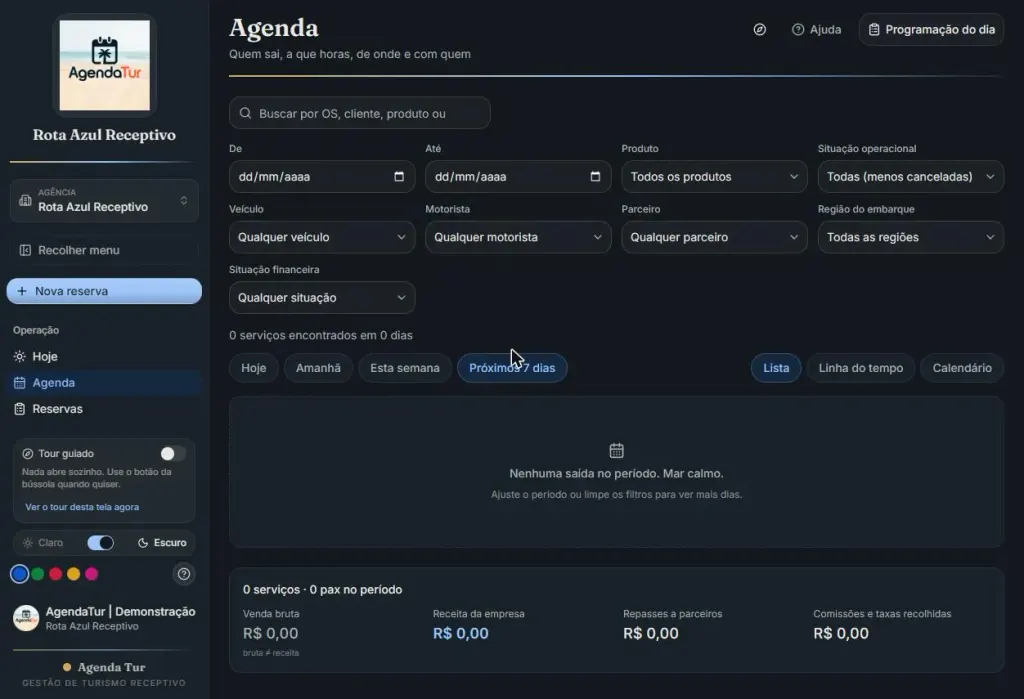 Tela real do AgendaTur — agenda de saídas, filtros e resumo financeiro
