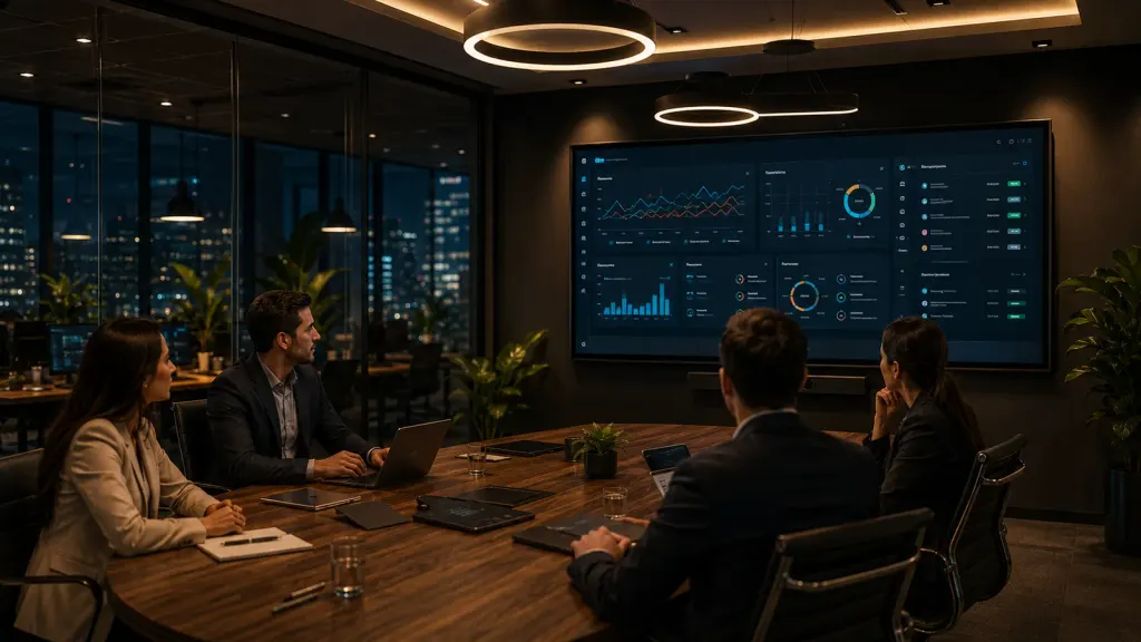 Equipe Acelera 3X em sala de reunião analisando dashboard em tela grande, cidade ao fundo